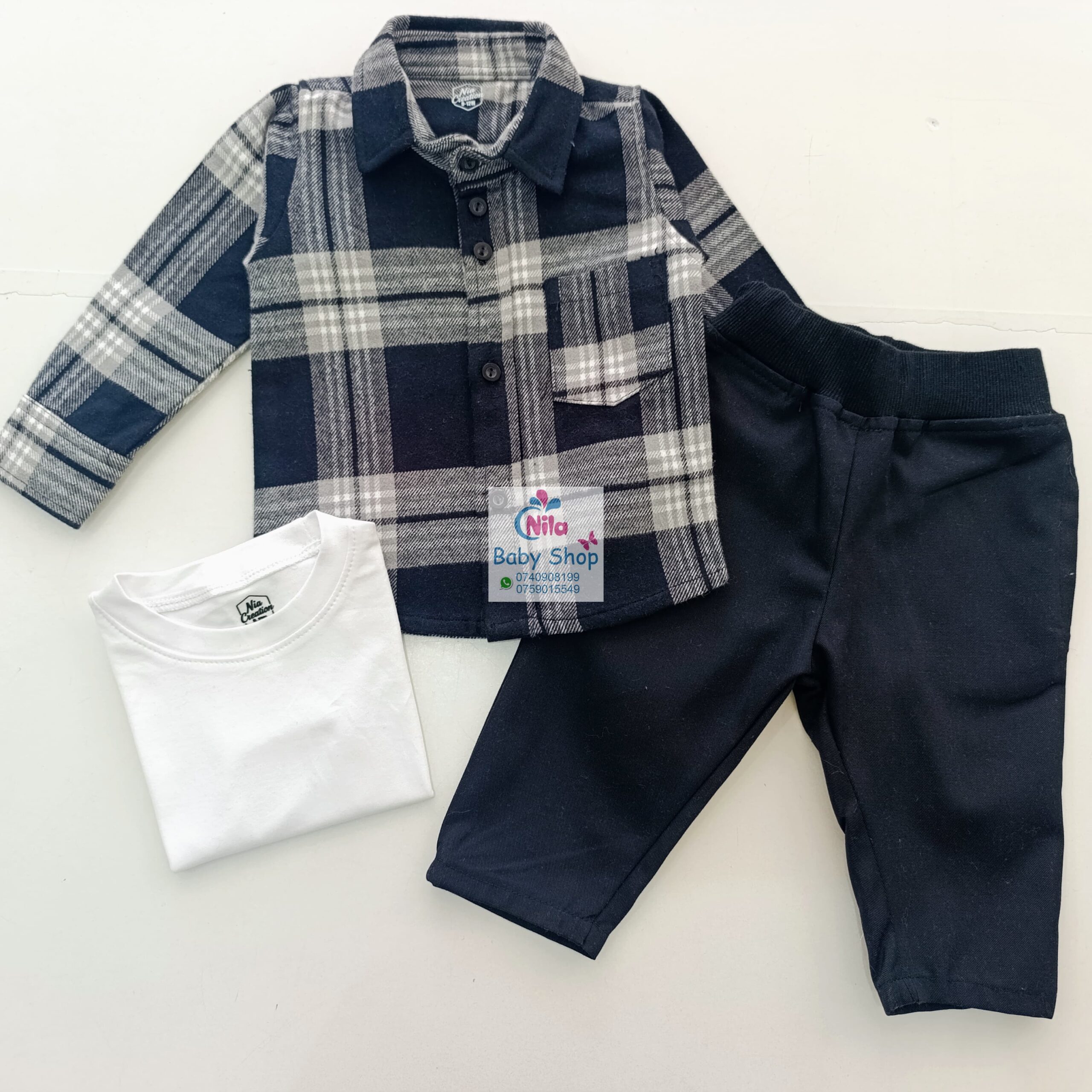 Kids 3 Piece Plaid Shirt Set – Long Sleeve Checkered Shirt, Plain White T-Shirt & Khaki Pants - Image 3