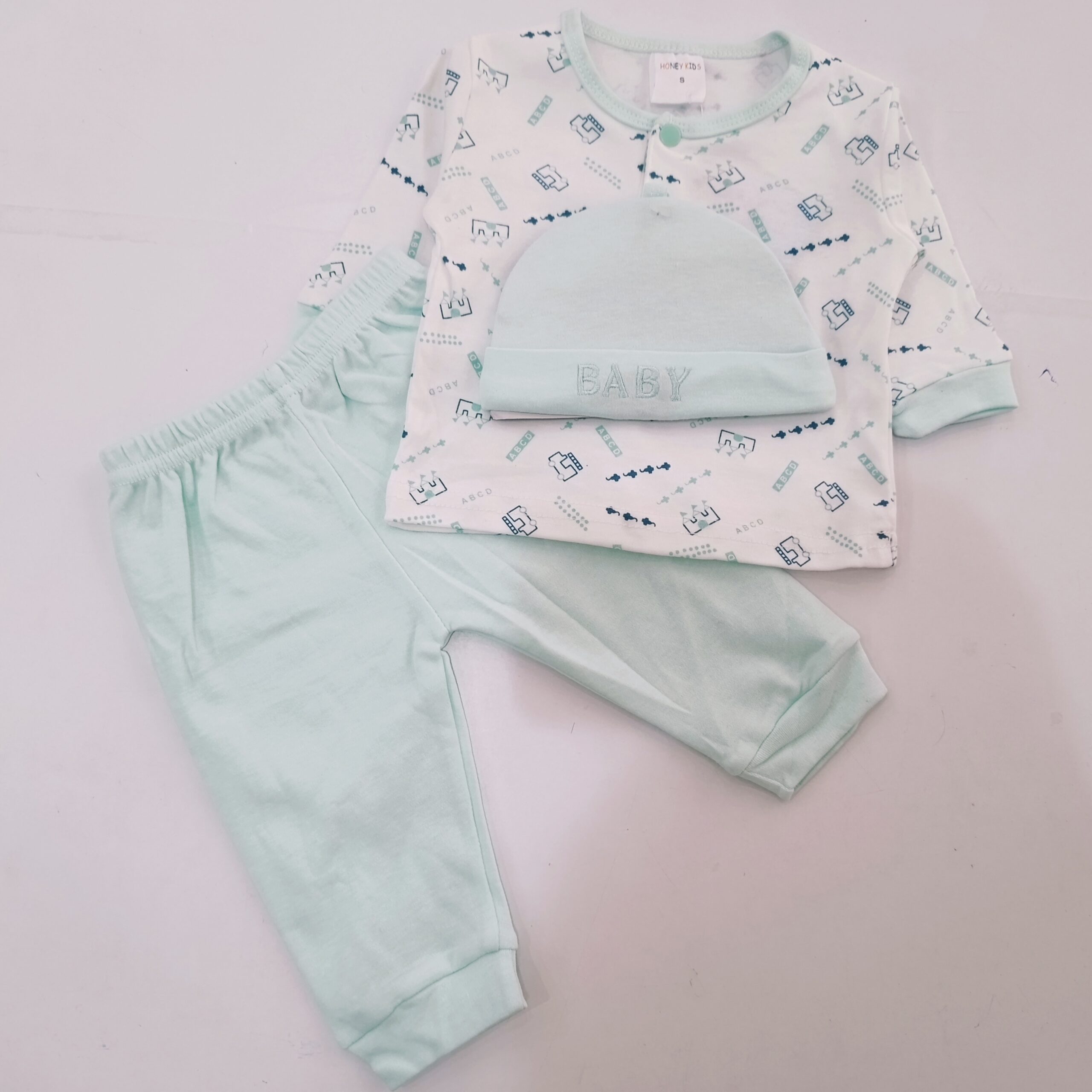 Baby 3-Piece Outfit Set with Matching Hat - Printed Top, Pants & Hat - Image 4