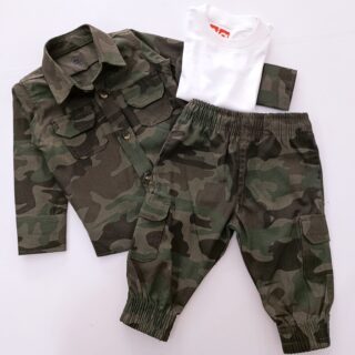 Kids Camouflage Cargo Set with Long-Sleeve Shirt, Jogger Pants & White T-Shirt