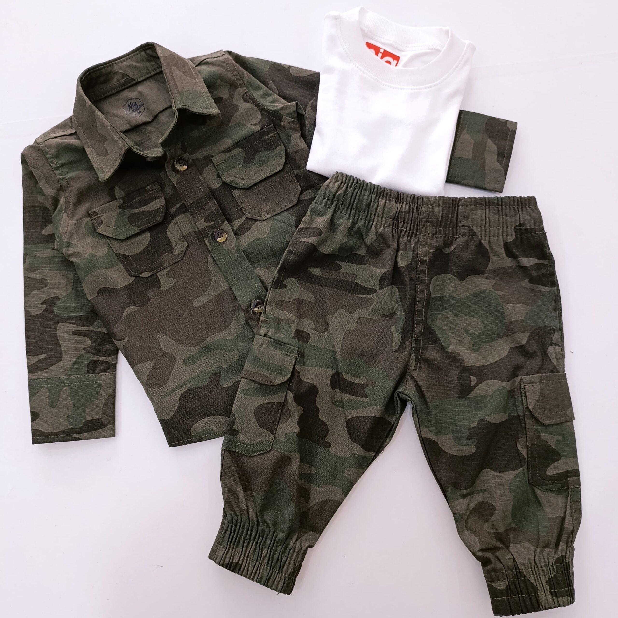 Kids Camouflage Cargo Set with Long-Sleeve Shirt, Jogger Pants & White T-Shirt